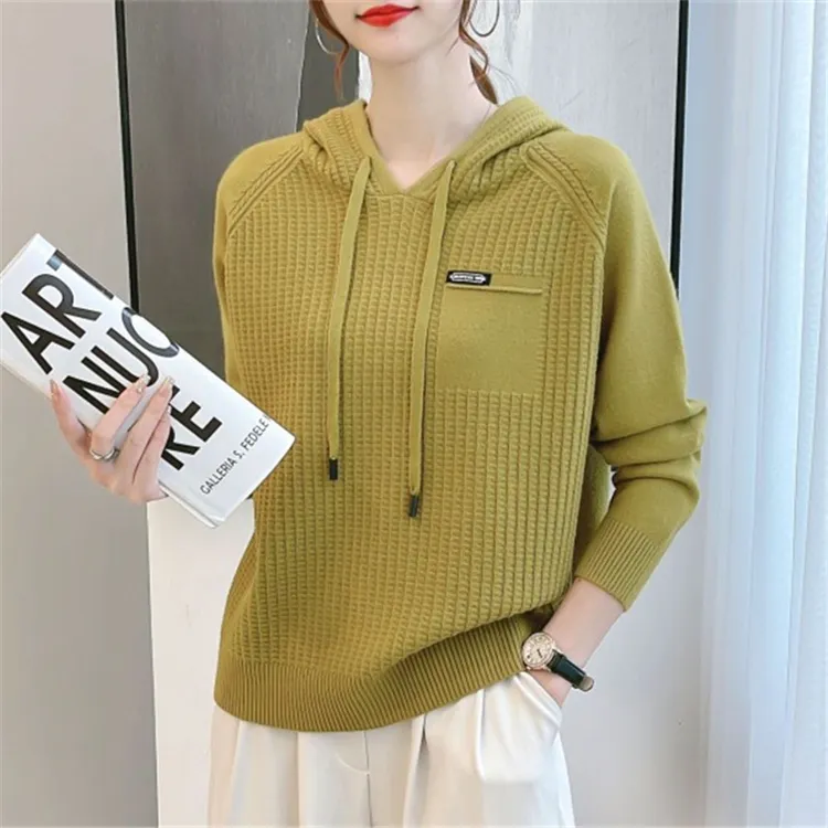 韩版针织抽绳连帽卫衣女秋冬款时尚宽松显瘦软糯毛衣纯色套头上衣