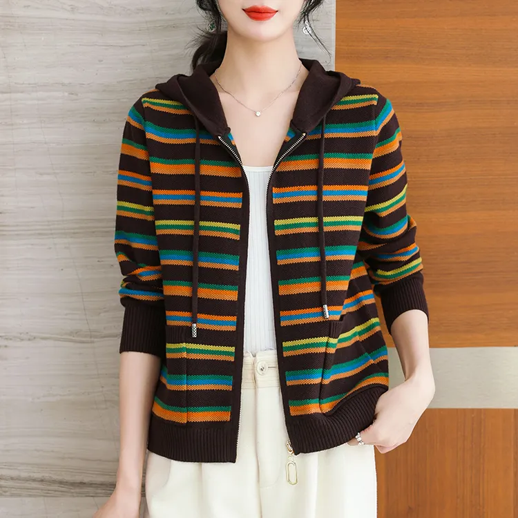 中年妈妈连帽条纹毛衣开衫女春秋装宽松大码外搭针织外套洋气女装