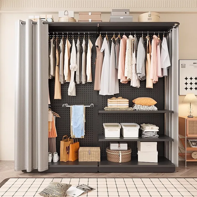 洞洞板衣柜简易衣柜卧室家用出租房专用耐用金属衣柜落地衣服架