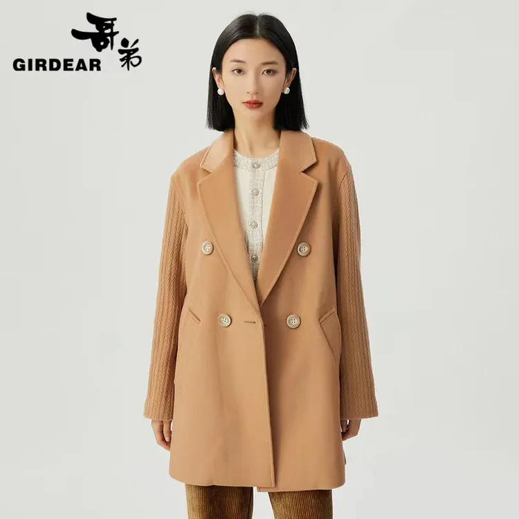 哥弟时尚针织拼接毛呢大外套双面呢大衣（3色）1400728