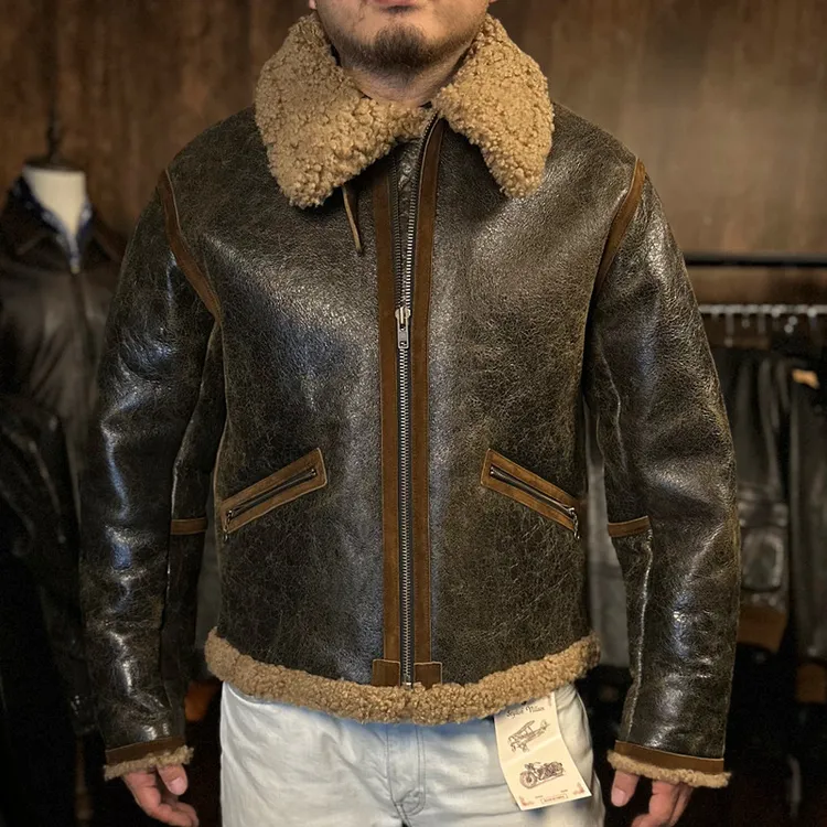 新款美式B6复古绵羊皮皮毛一体龟裂纹男飞行服真皮皮衣夹克外套