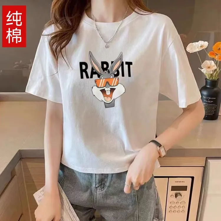 100%纯棉t恤短款上衣女夏季新款韩版宽松显瘦百搭矮个子洋气圆领