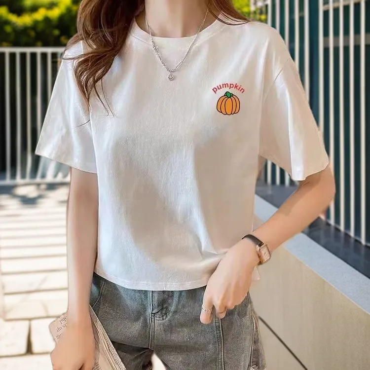 100%纯棉短款白T恤衫宽松显瘦韩版上衣女夏季矮个子潮流高腰t恤女