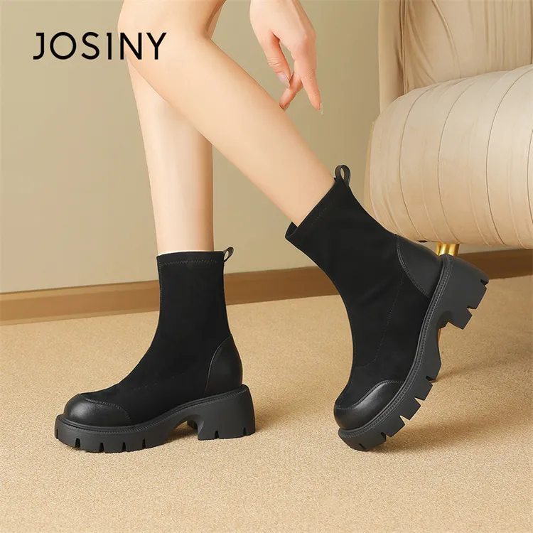 卓诗尼2025秋季女士舒适百搭显瘦防滑厚底英伦风时尚圆头弹力靴女