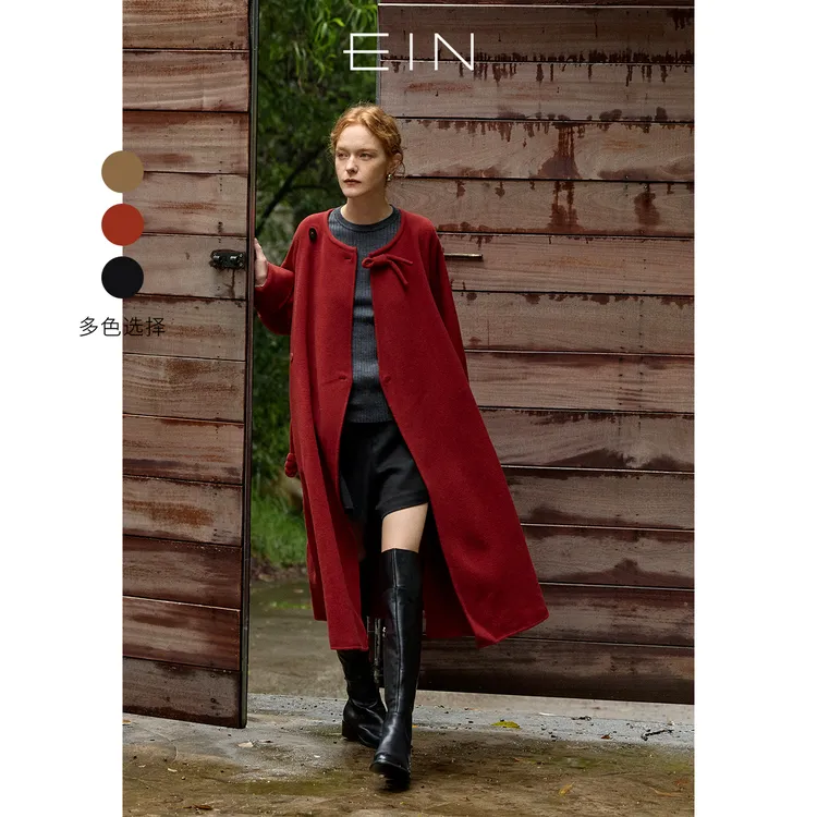 EIN/言雅丹风新中式美拉德盘扣绵羊毛呢百搭复古中长款大衣25秋冬