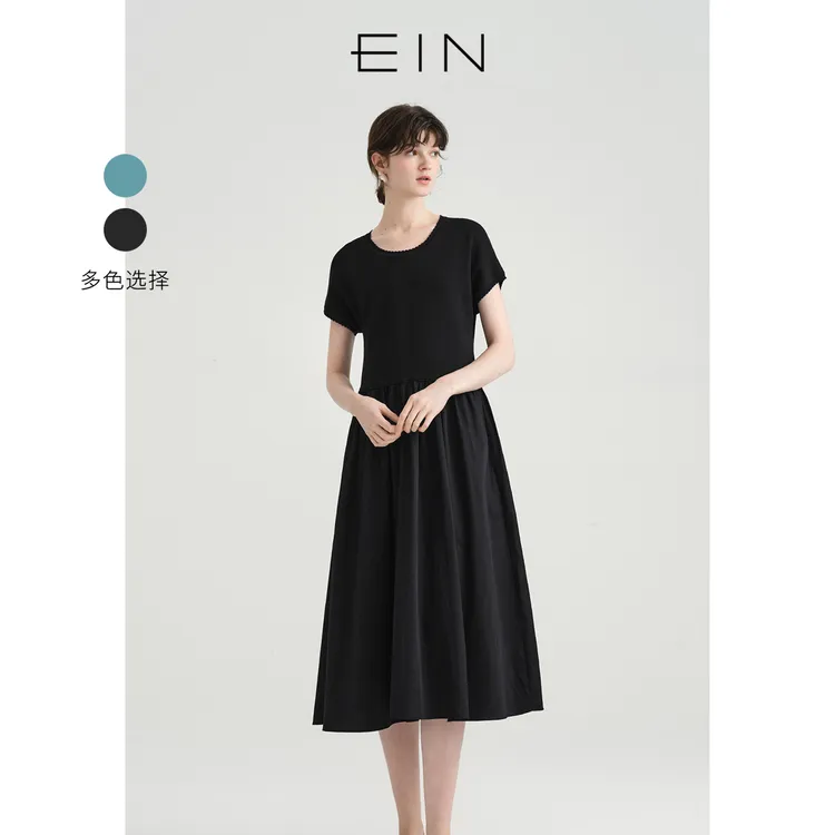 EIN/言文艺优雅水波纹圆领撞料针织拼接连肩袖连衣裙女25夏季款