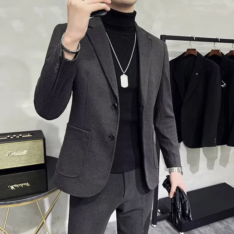 毛呢西装外套秋冬季轻熟风男士加厚呢子大衣韩版商务休闲西服上衣
