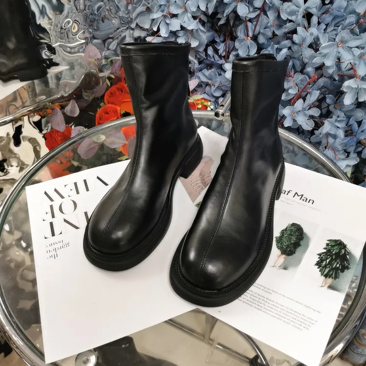 头层牛皮厚底马丁靴女2022秋季新款真皮后拉链休闲复古舒适短靴子