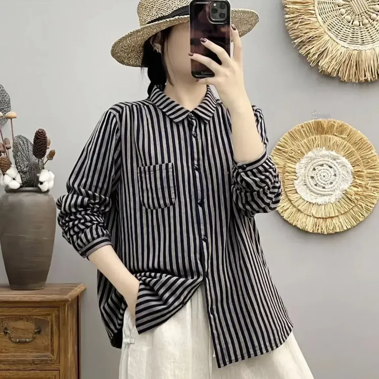 2024秋季新款文艺风细条双层纱婴儿棉纱衬衫显瘦百度新中式8514