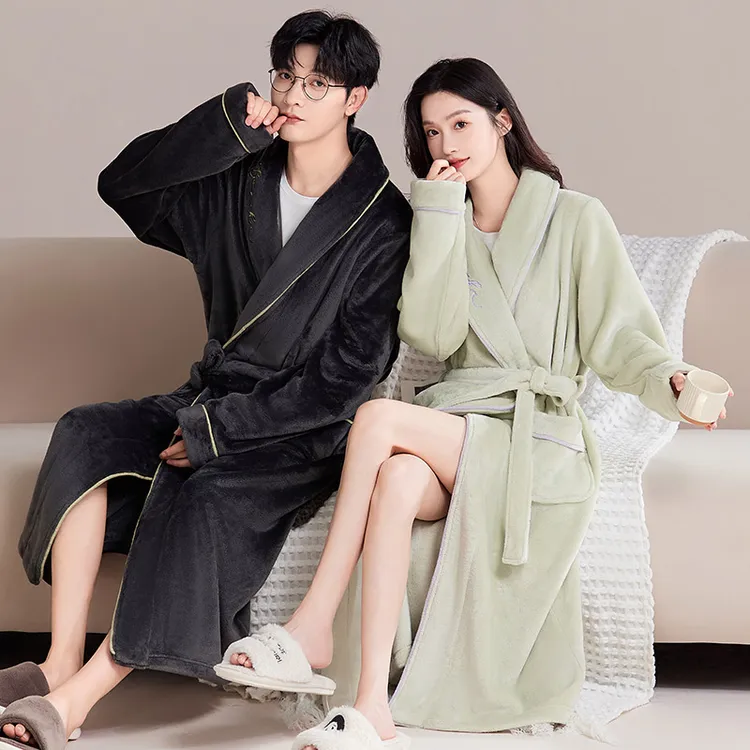 秋冬季法兰绒浴袍2024新款男士睡袍加绒加厚珊瑚绒睡衣女长款浴衣