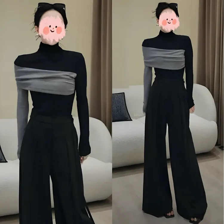 时尚气质网红套装女2025秋季新款撞色加绒打底衫T恤阔腿裤两件套