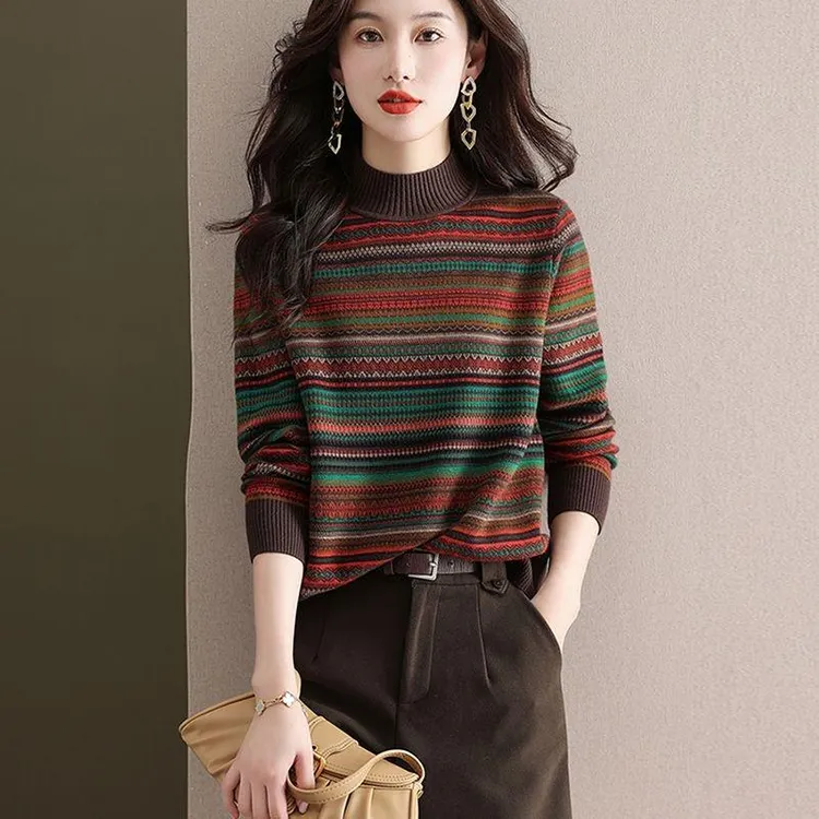 复古民族风秋冬长袖网红针织时尚百搭宽松条纹半高领羊毛衫毛衣女