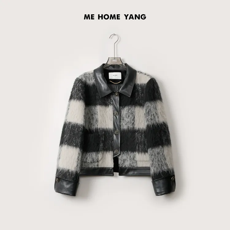 ME【拉绒黑白格外套】白鹅绒重工高端绵羊毛时尚百搭羽绒服MEQC3572