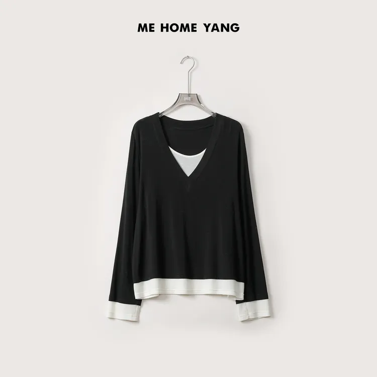 ME【假两件小V领】绵羊毛混纺内搭时尚百搭宽松打底上衣MEQA0149