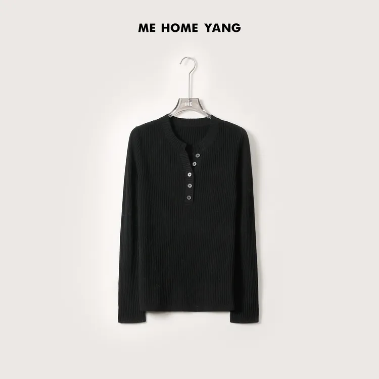 ME【亨利修身打底】100绵羊毛半开排扣门襟v领坑条针织毛衣MEQA3956