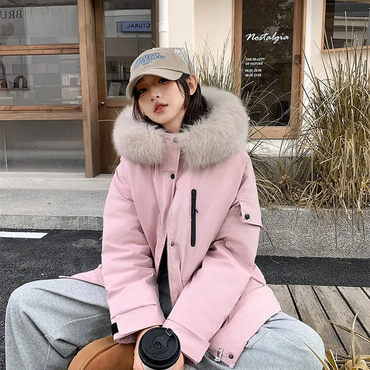 工装派克羽绒棉服女2024冬季新款加厚美式高级情侣大毛领棉衣外套