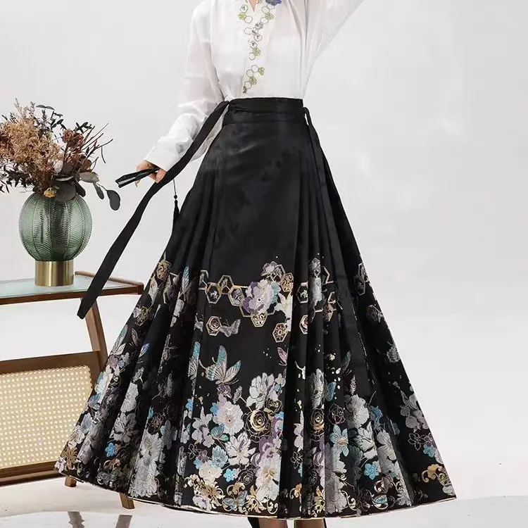 四月锦妆花织金马面裙日常女生中国风半身裙百褶汉服夏季中长款