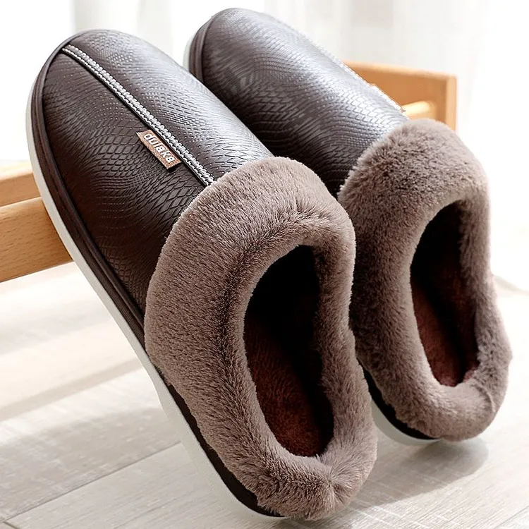 杜啦咔特大码PU皮面拖鞋冬季防水保暖居家厚底男女家用棉拖鞋防滑