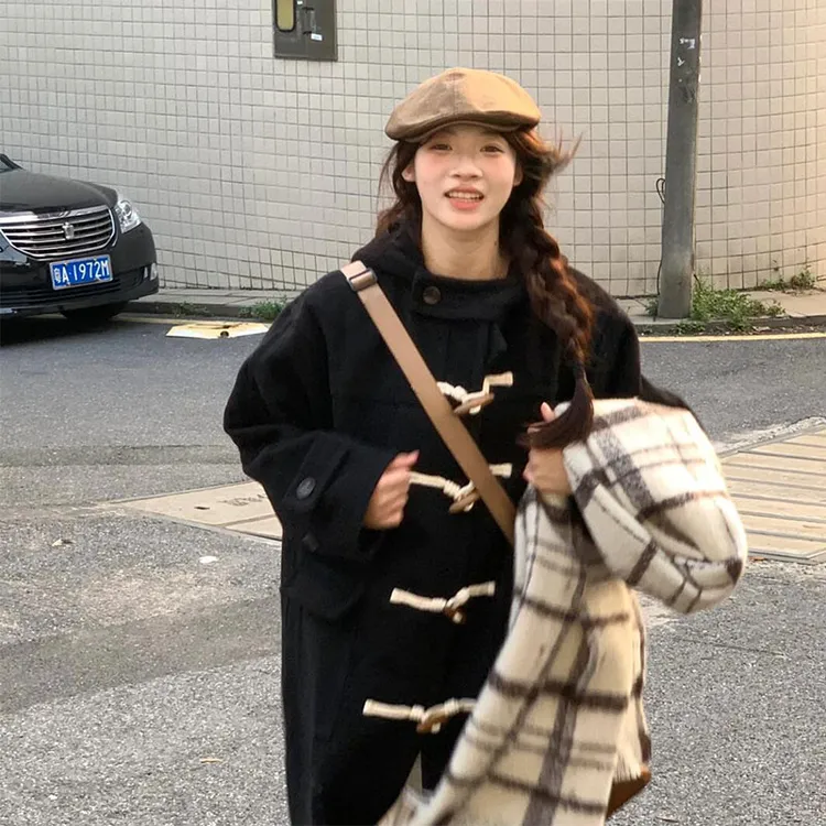 黑色反季秋冬季牛角扣毛呢大衣外套女呢子冬天小个子英伦风学院风