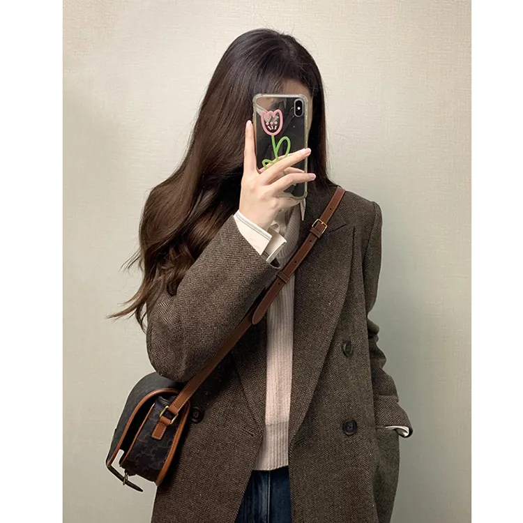 人字纹呢子大衣女秋冬2024新款毛呢外套高级感小个子短款韩系西装