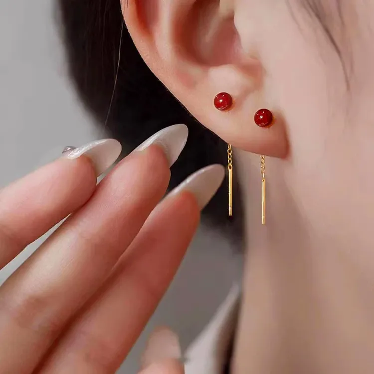 925银耳饰 新年安可拉红色相思豆耳钉S925银针小众气质流苏耳线