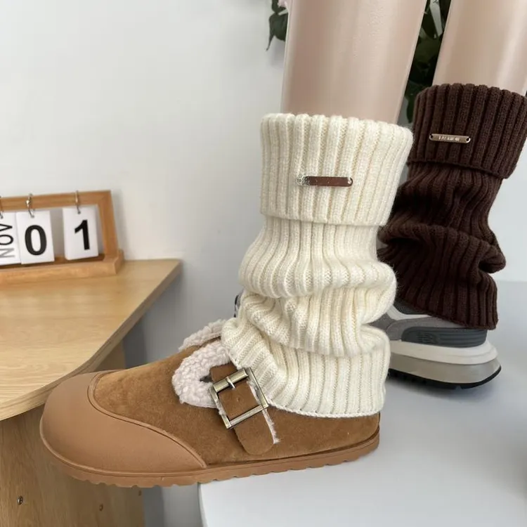 金属标美式复古咖啡棕色套女秋冬季时髦百搭羊绒针织堆堆袜小腿套