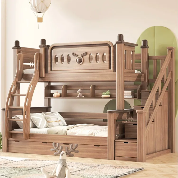 上下床两层床鹅掌楸木双层床全实木上下铺交错子母床公主床高低床