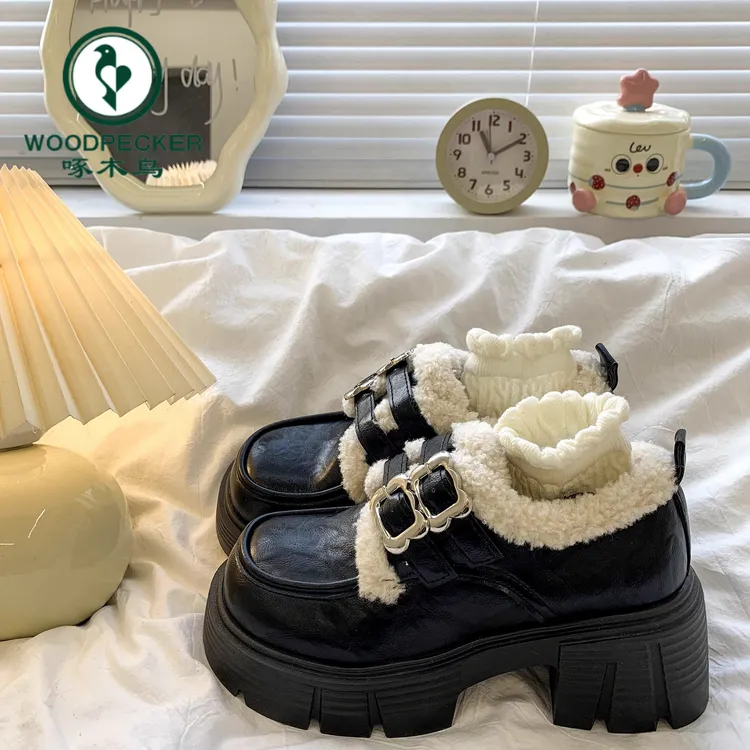 啄木鸟英伦风加绒乐福棉鞋女鞋秋冬新款厚底粗跟复古玛丽珍小皮鞋