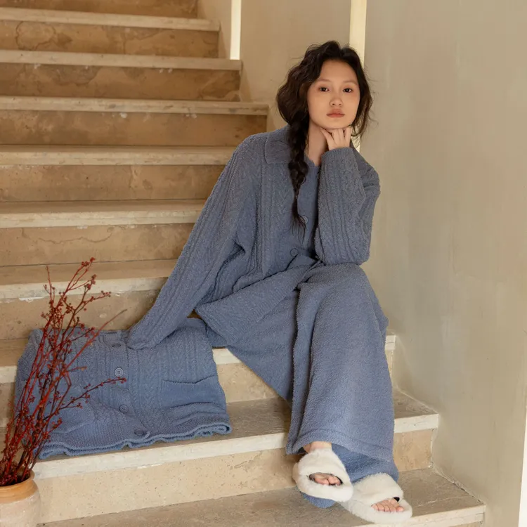 族玛士秋冬季睡衣套装女半边绒复古保暖加厚蓝色毛衣可外穿家居服