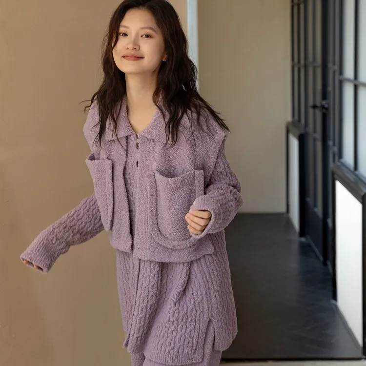 族玛士秋冬半边绒紫色睡衣女士珊瑚绒可外穿三件套装家居服加厚