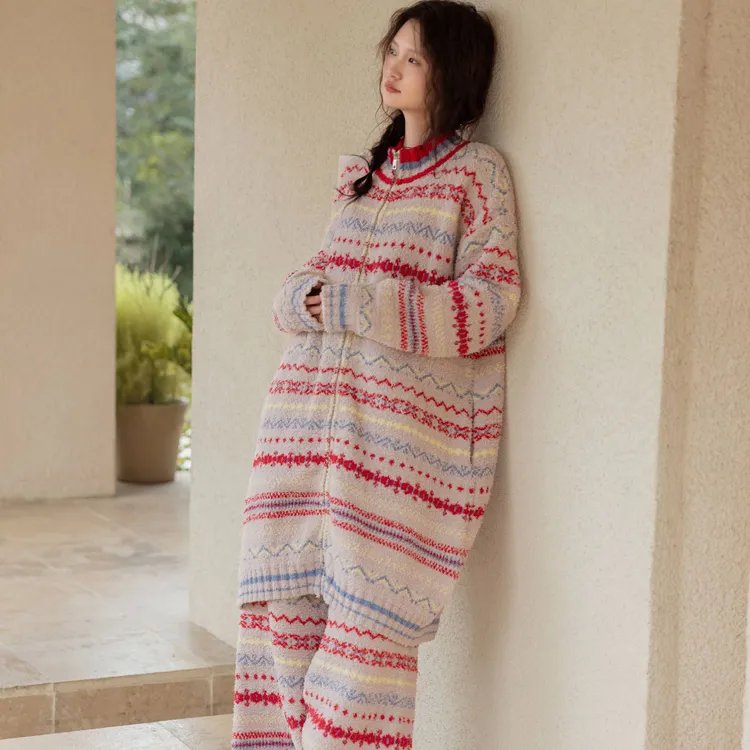 族玛士秋冬睡衣女套装复古半边绒针织红色本命年新年款外穿家居服