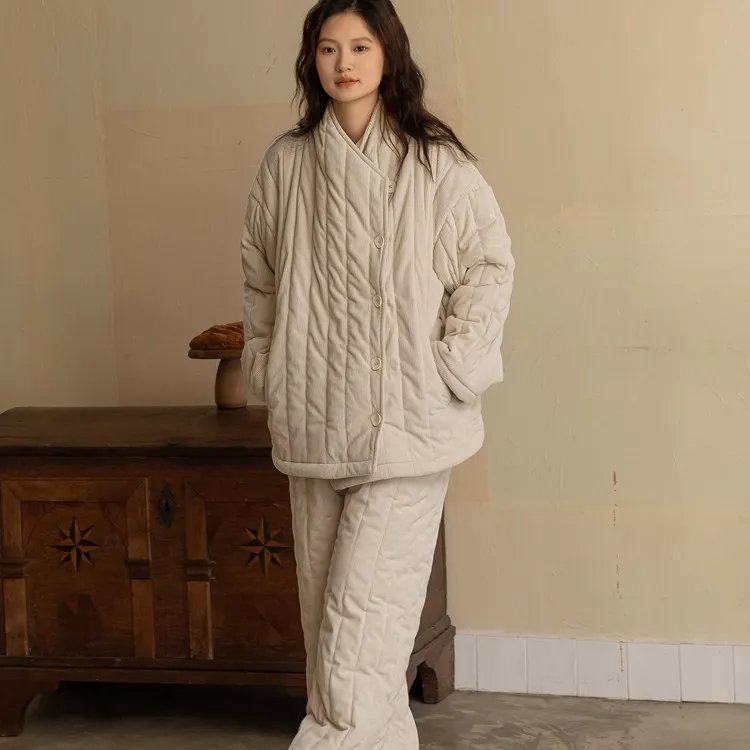 族玛士睡衣女秋冬季三层夹棉袄加绒加厚纯色可外穿保暖家居服冬天