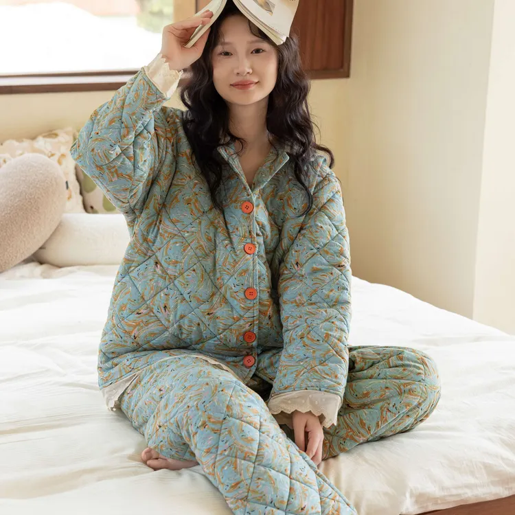 族玛士秋冬季睡衣女夹棉2025新款表层纯棉加绒加厚碎花家居服套装