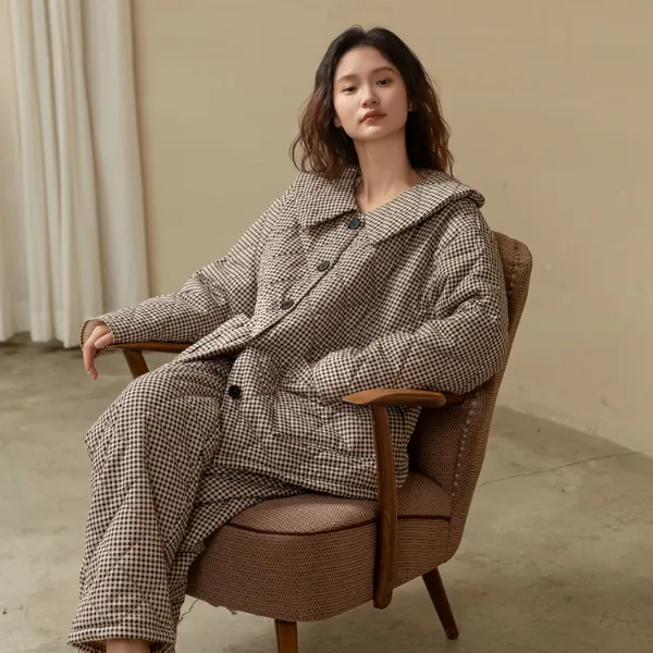 睡衣秋冬季女夹棉2025年新款表层纯棉加绒加厚格子家居服套装