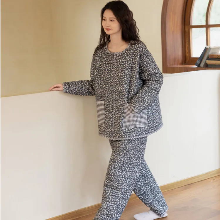 族玛士睡衣秋冬季女夹棉表层纯棉加厚保暖碎花家居服可外出穿套装