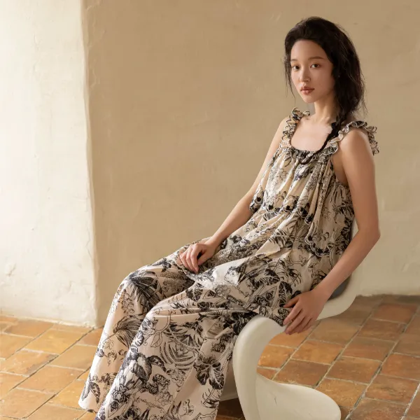族玛士夏季纯棉睡衣女吊带长裤薄款家居服性感套装夏天可外出门款