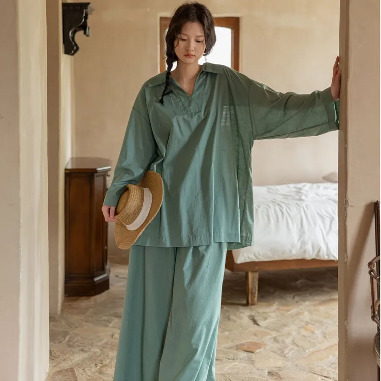 族玛士春秋纯棉睡衣女士长袖长裤绿色薄款家居服宽松大码套装夏天