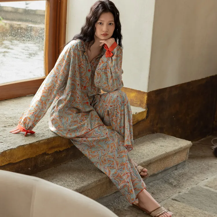 族玛士春夏季新款宽松薄款睡衣女纯棉套装长袖大码衬衫长裤家居服