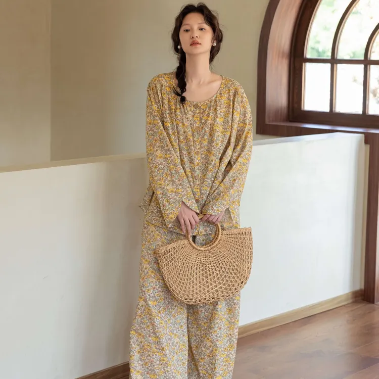 族玛士春秋纯棉梭织薄款睡衣套装女宽松碎花长袖长裤家居服高级感
