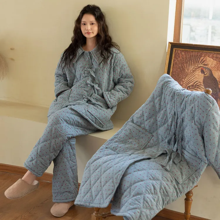 族玛士睡衣女秋冬季新款三层夹棉套装宽松加厚加绒保暖套装家居服