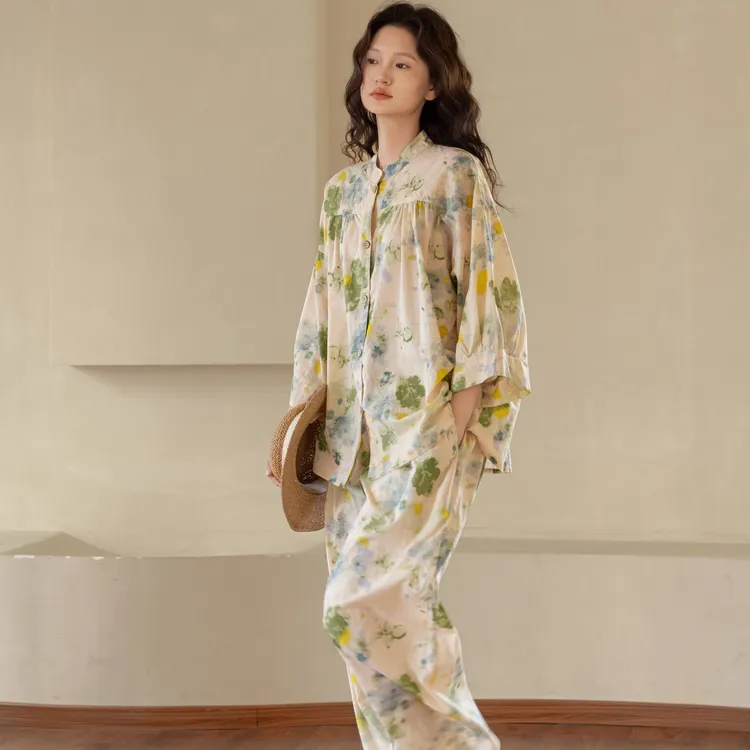 族玛士春秋睡衣套装女可外穿洋气夏薄款宽松纯棉田园风休闲家居服