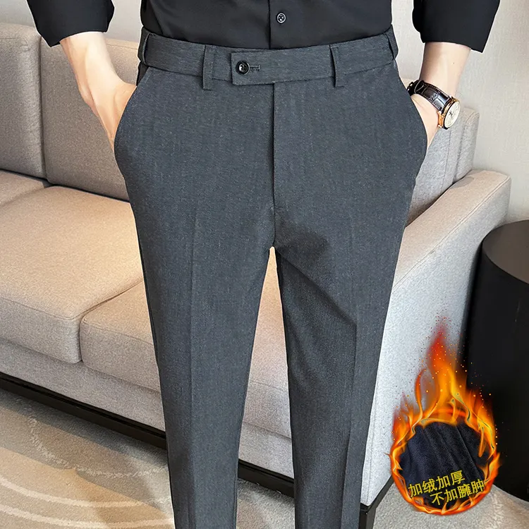 冬季加绒加厚保暖男士西裤修身小直筒商务休闲西裤百搭弹力西装裤