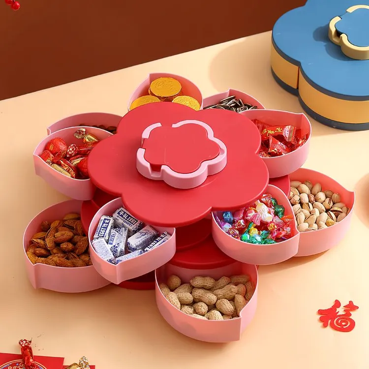 旋转糖果盒带盖花瓣收纳盒糖果盒分格密封客厅多层零食盒干果盒子