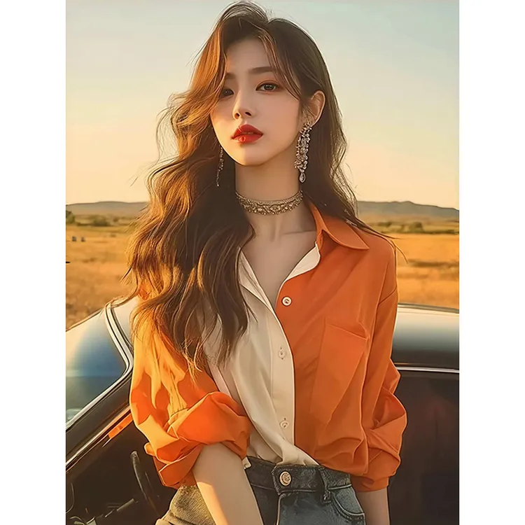 多巴胺拼色长袖衬衫衬衣女2024新款轻奢高级感初秋氛围感穿搭上衣