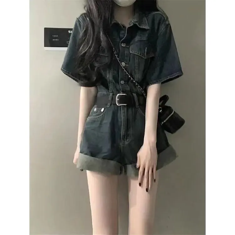 夏季甜酷牛仔连体裤港风卷边短裤女复古收腰显瘦阔腿裤连衣裤套装