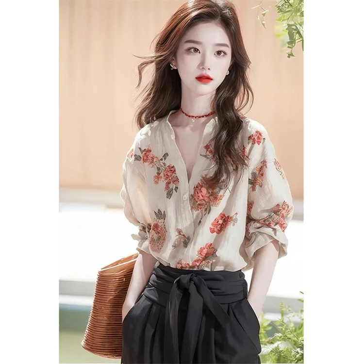 法式独特小上衣今年流行漂亮小衫早秋新款印花长袖衬衫女