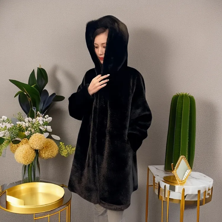 【鹿-工厂】貂绒外套女中长款帽子带腰绳保暖外套新款毛毛外套女