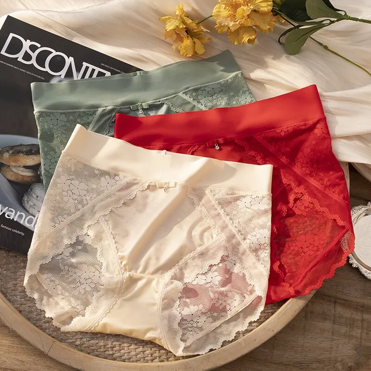 法式性感中高腰蕾丝缎面拼接无痕高腰收腹内裤女士三角裤W5