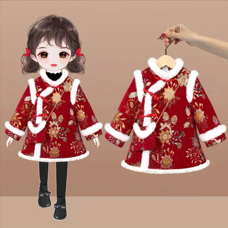 女童唐装汉服冬装洋气儿童中国风红色旗袍裙女宝宝新年加厚拜年服