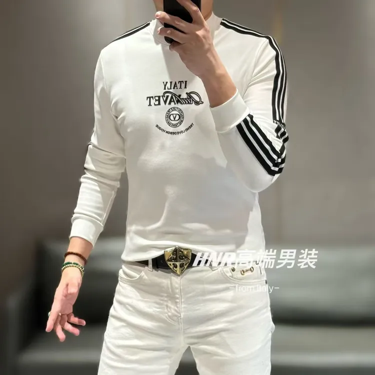 新款高端男装胸口英文字母图案时尚休闲百搭打底长袖衫9805